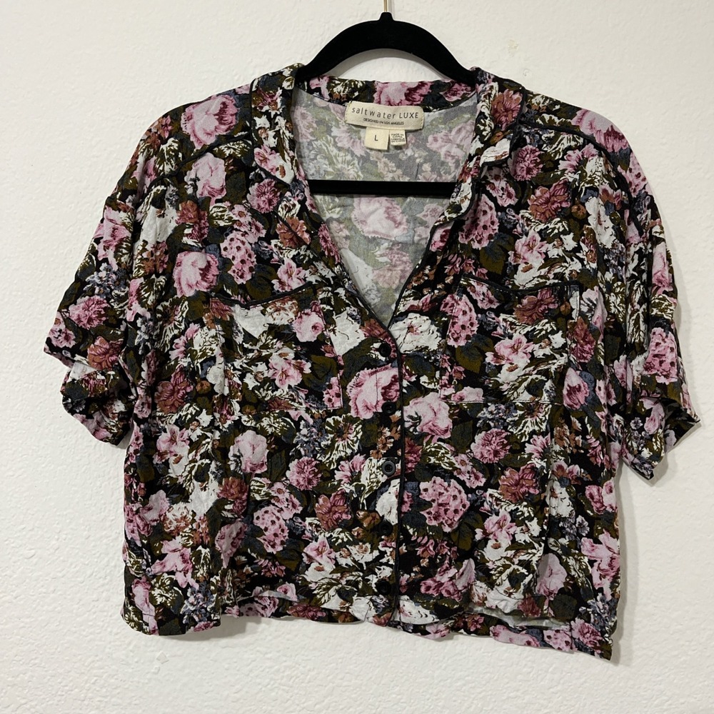 Saltwater Luxe Floral Crop Blouse Size L Boho‎ Cottage-core Button Up Top